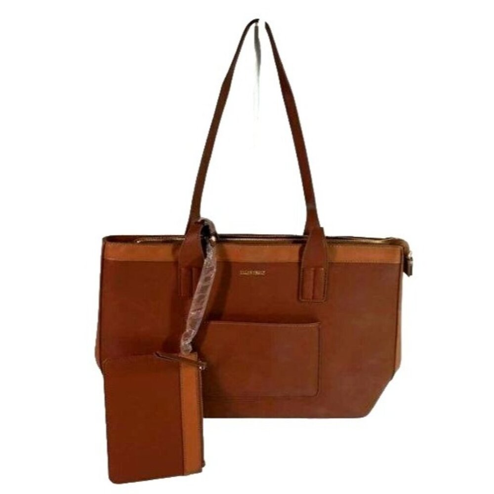 Ellen Tracy Brown Leather Tote‎ Bag With Removable Pouch & Zip Closure